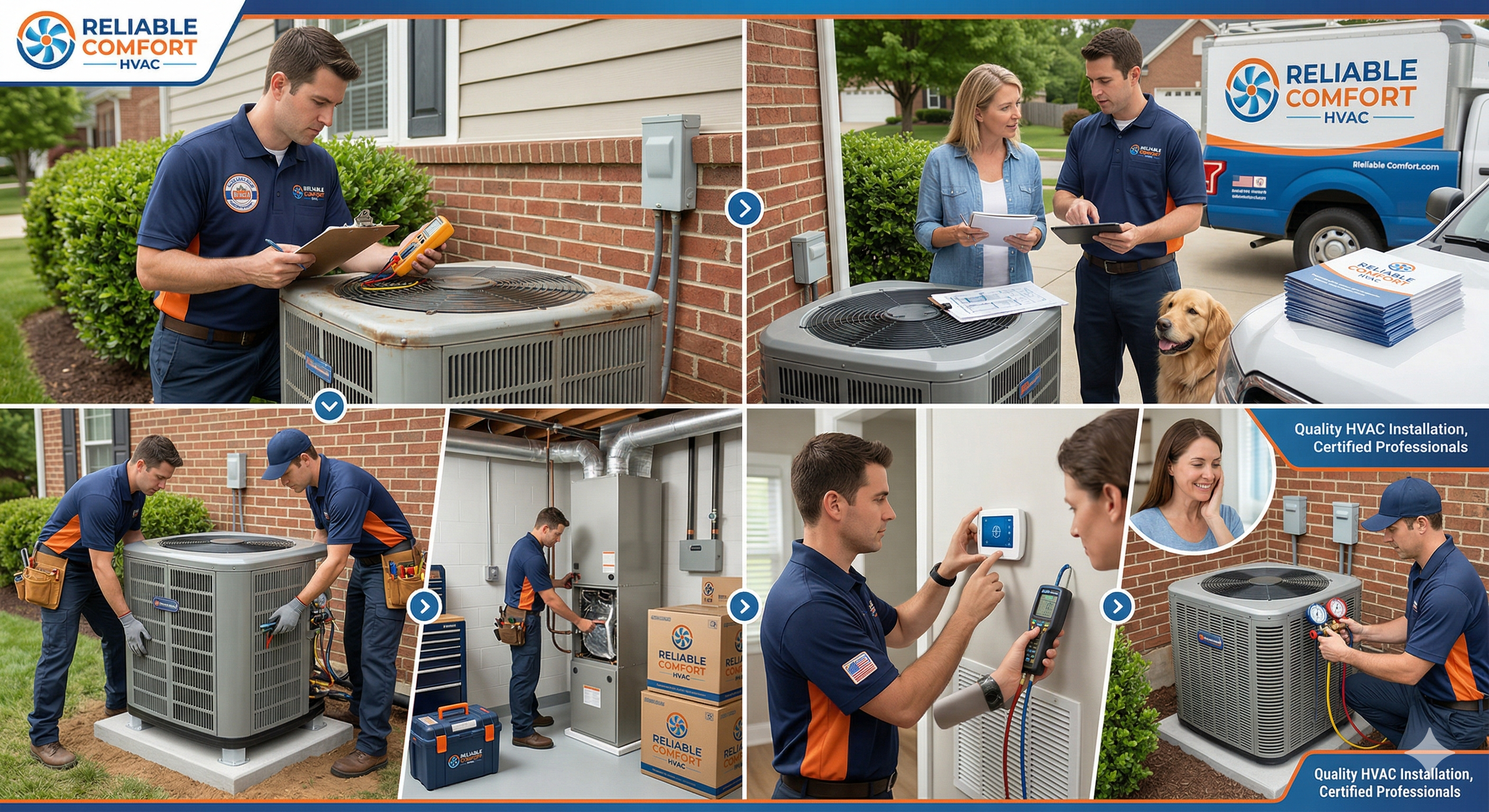 Collage of HVAC service scenes from inspection to installation