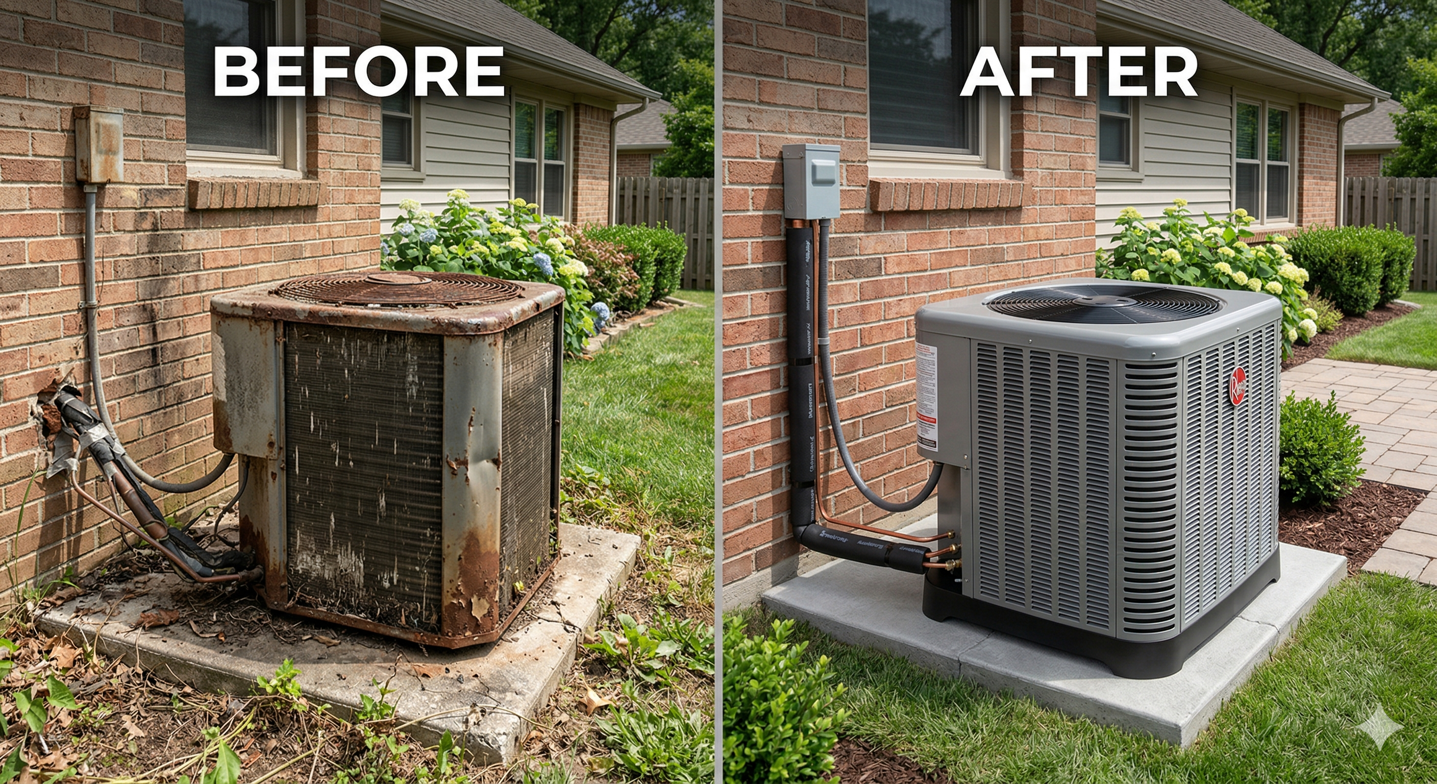 Before and after AC system replacement showing old worn unit replaced with new Rheem condenser